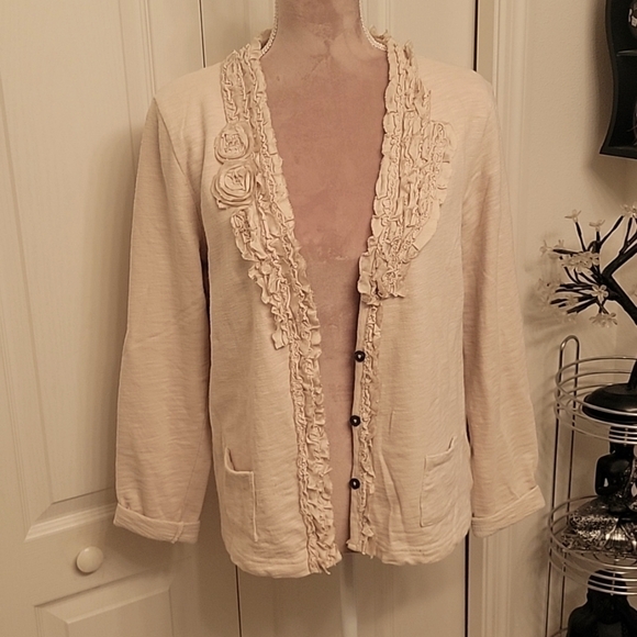Eddie Bauer Size L Cardigan, Cream Color with ruffled embellishments. - Picture 1 of 6